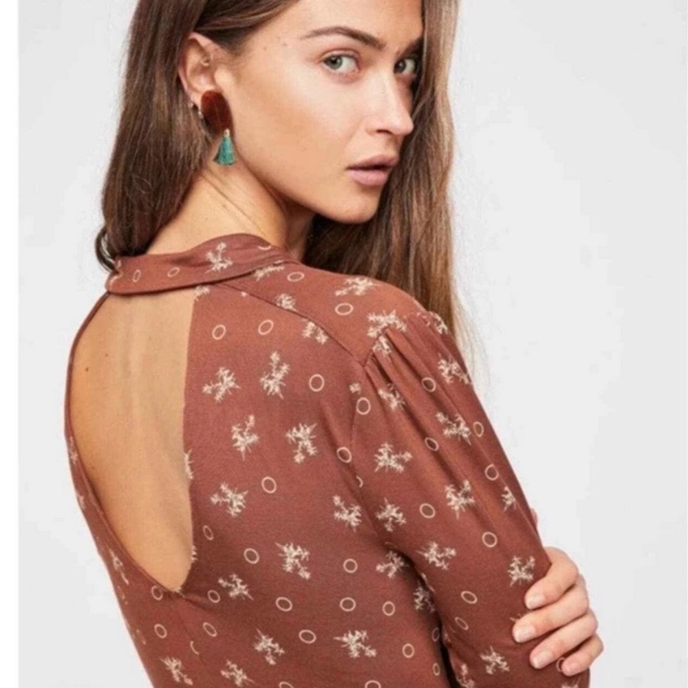 Free People Brown Printed Open-Back Blouse